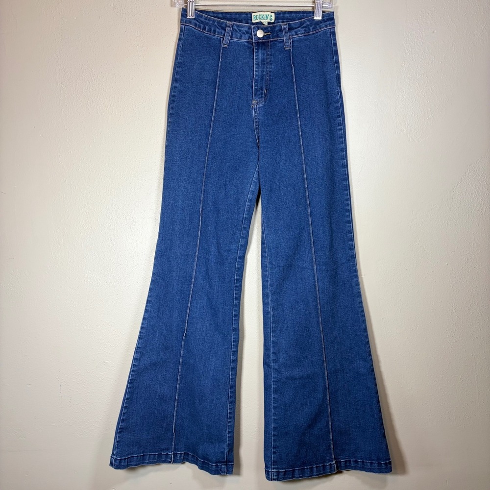 Rockin' G Women's High Waisted Flare Jeans Blue Seam Detail Size M IP7130RC